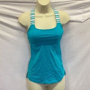 Lululemon light blue, striped, criss cross back tank top.